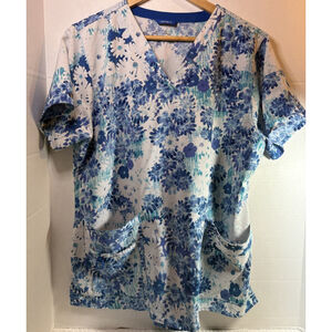 Carhartt Force Scrub Top Women's Large V-Neck 2 Pocket Blue Multicolor Medical